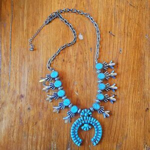 Silver tone matrix faux turquoise squash blossom statement necklace